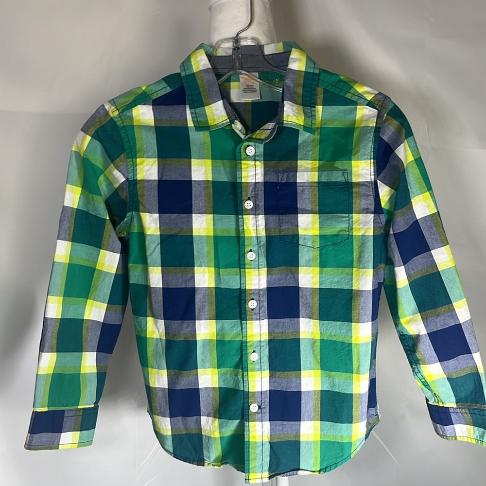 Gymboree long sleeve‎ button down dress shirt blue/green plaid Size Med 7-8